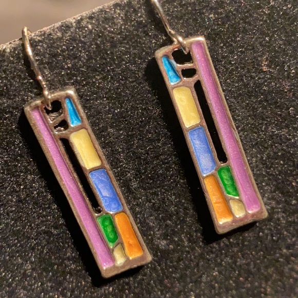 Abstract Silver Multicolor Earrings - Picture 1 of 4